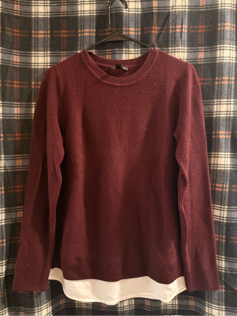 Hilary Radley Women's Burgundy Crewneck Sweater with Faux Layered Hem